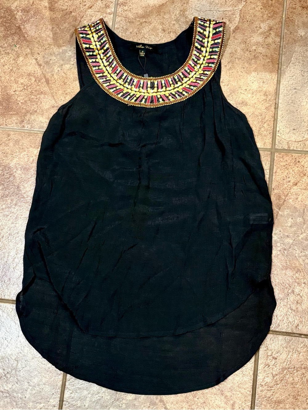 Melissa Paige Black Tank Top with Metallic Threaded Neckline Embroidery-Sz Small